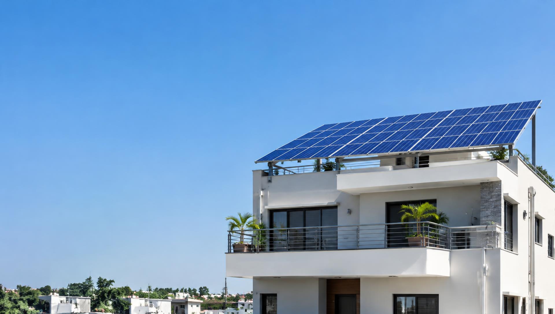 Solar panels installed on the rooftop of a modern Indian house under a clear blue sky